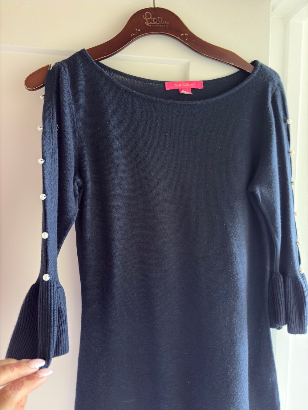 Lilly Pulitzer Navy Sweater with Pearl-Trim Sleeves